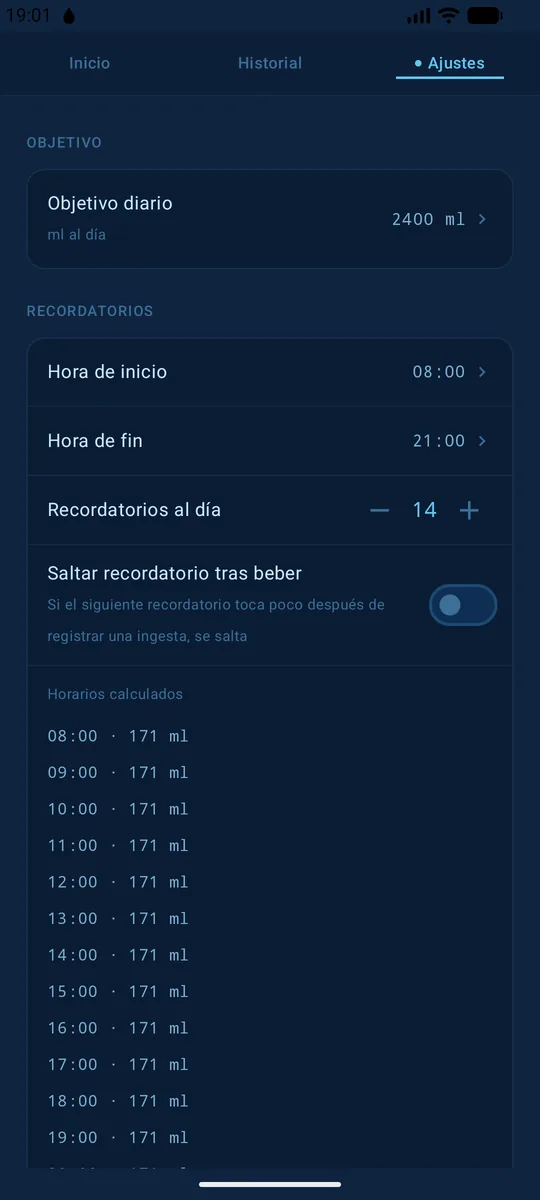 Objetivo y recordatorios en ¡Bebe agua!