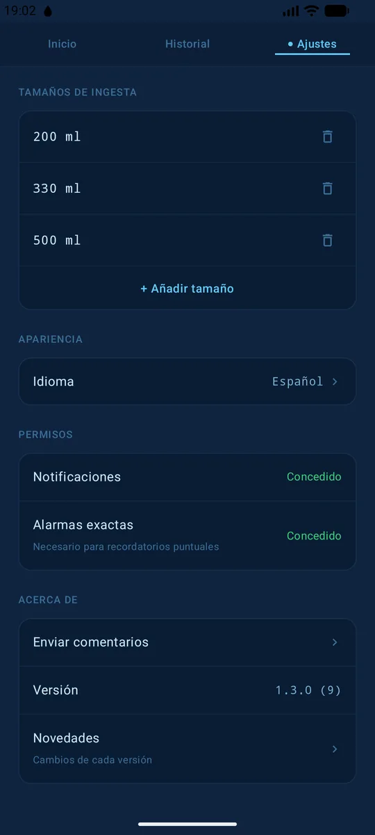 Medidas y permisos en ¡Bebe agua!