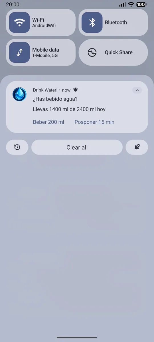El recordatorio en la notificación en ¡Bebe agua!